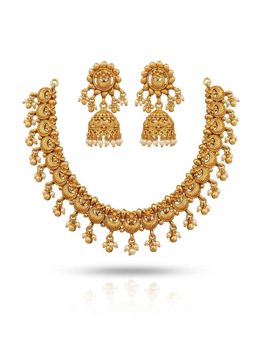 Golden Temple Necklace & Jhumka Earring Set