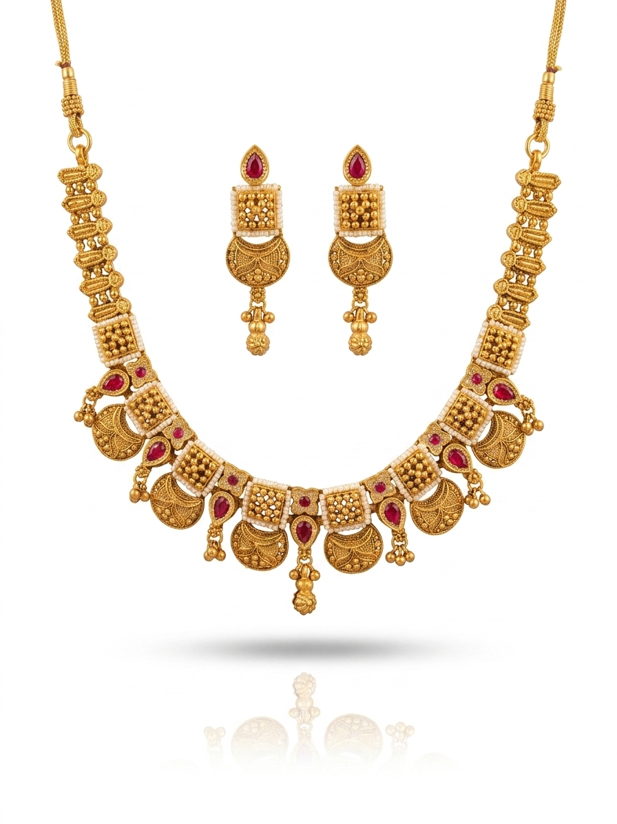 Crimson Coral & Antique Gold Bridal Necklace Set