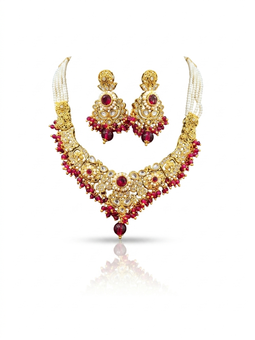 Scarlet Kundan Floral Necklace & Jhumka Earring Set
