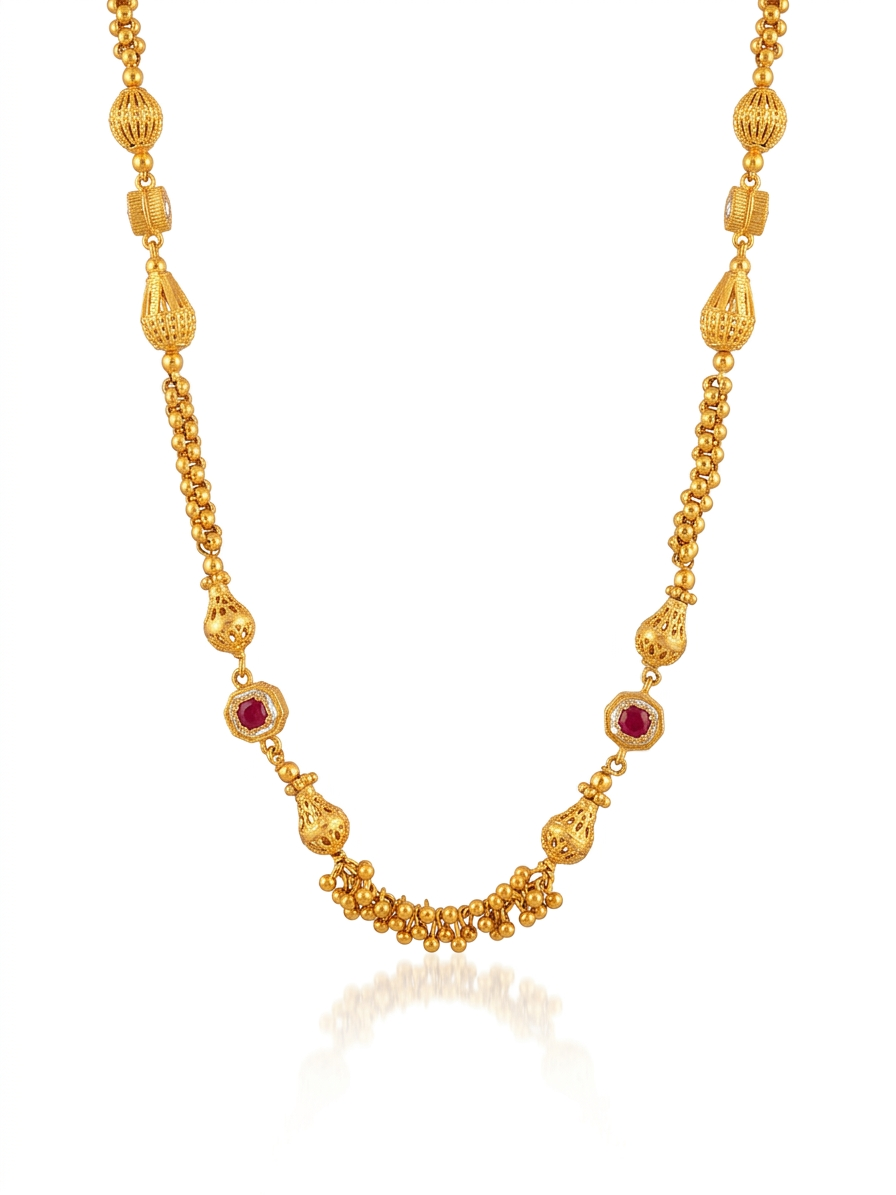 Garnet & Gold Bead Long Chain Necklace Set