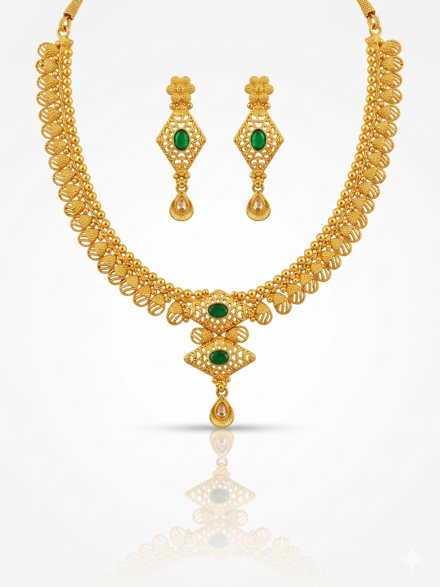 Peridot Green & Antique Gold Leaf Necklace Set