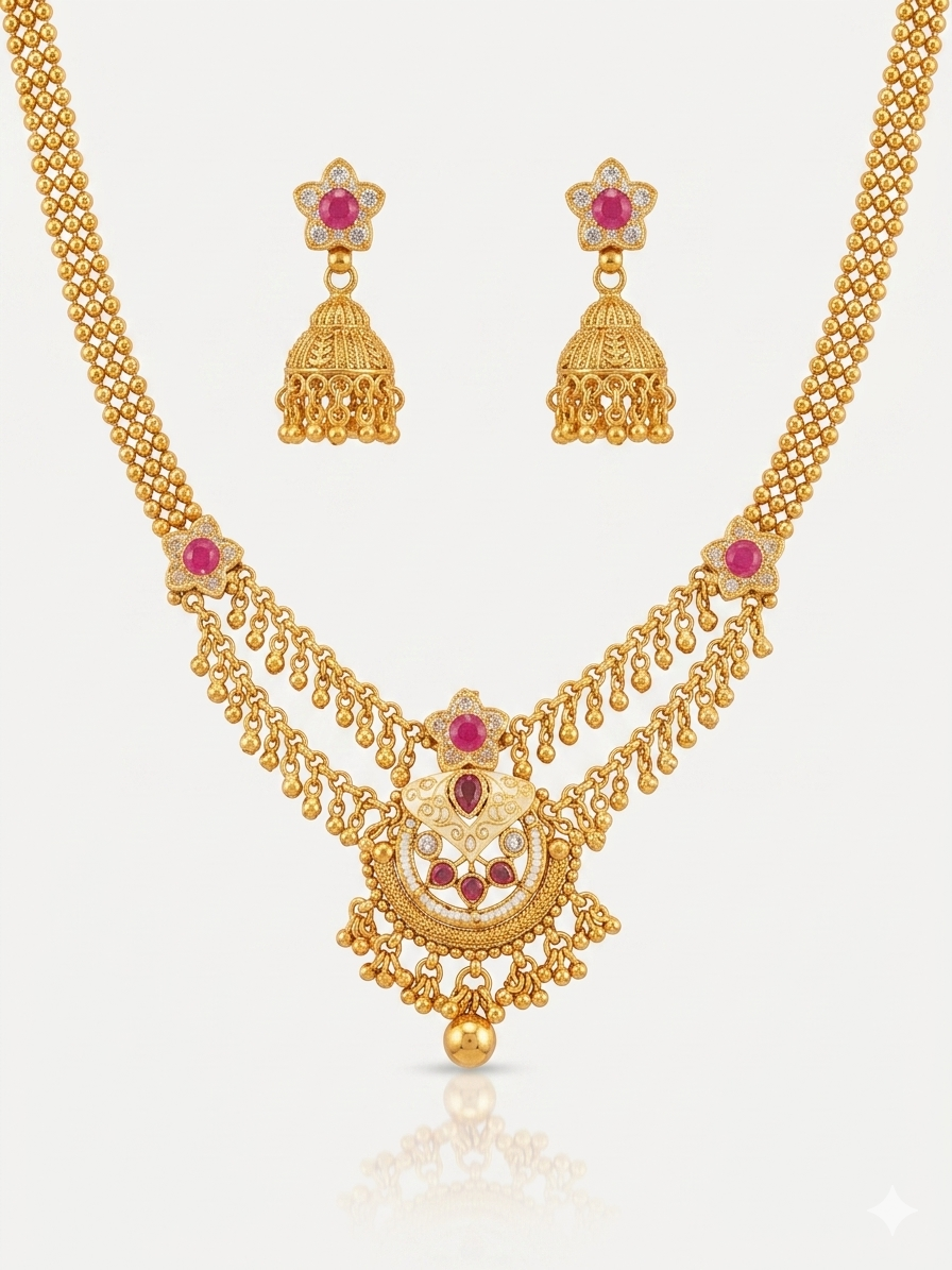 Rose Pink Kundan Long Necklace & Jhumka Earring Set