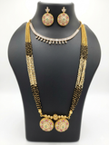 Black Onyx & Gold Oxidised Long Necklace Set