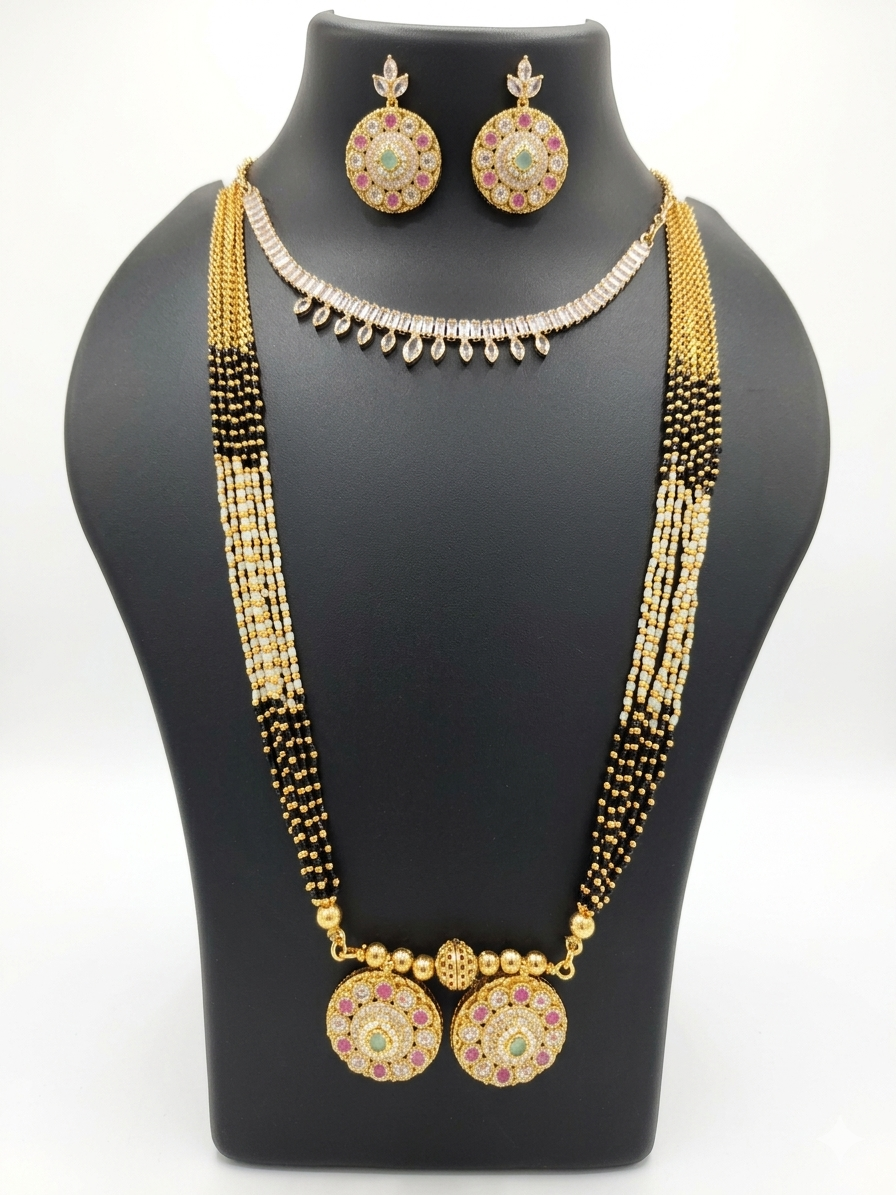 Black Onyx & Gold Oxidised Long Necklace Set