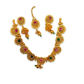 Royal Ruby Emerald Disc Necklace, Jhumka & Maang Tikka Set
