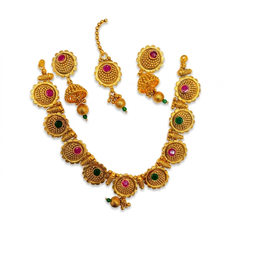 Royal Ruby Emerald Disc Necklace, Jhumka & Maang Tikka Set