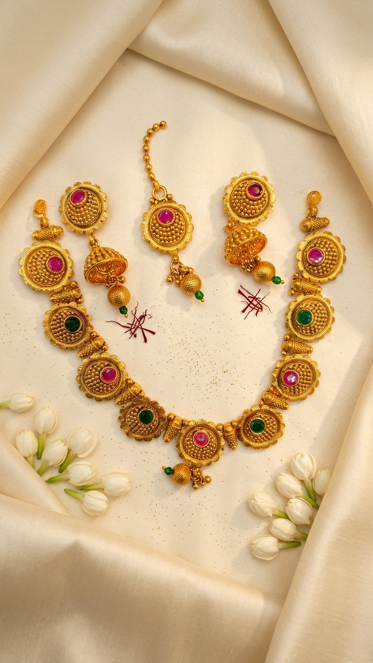 Royal Ruby Emerald Disc Necklace, Jhumka & Maang Tikka Set