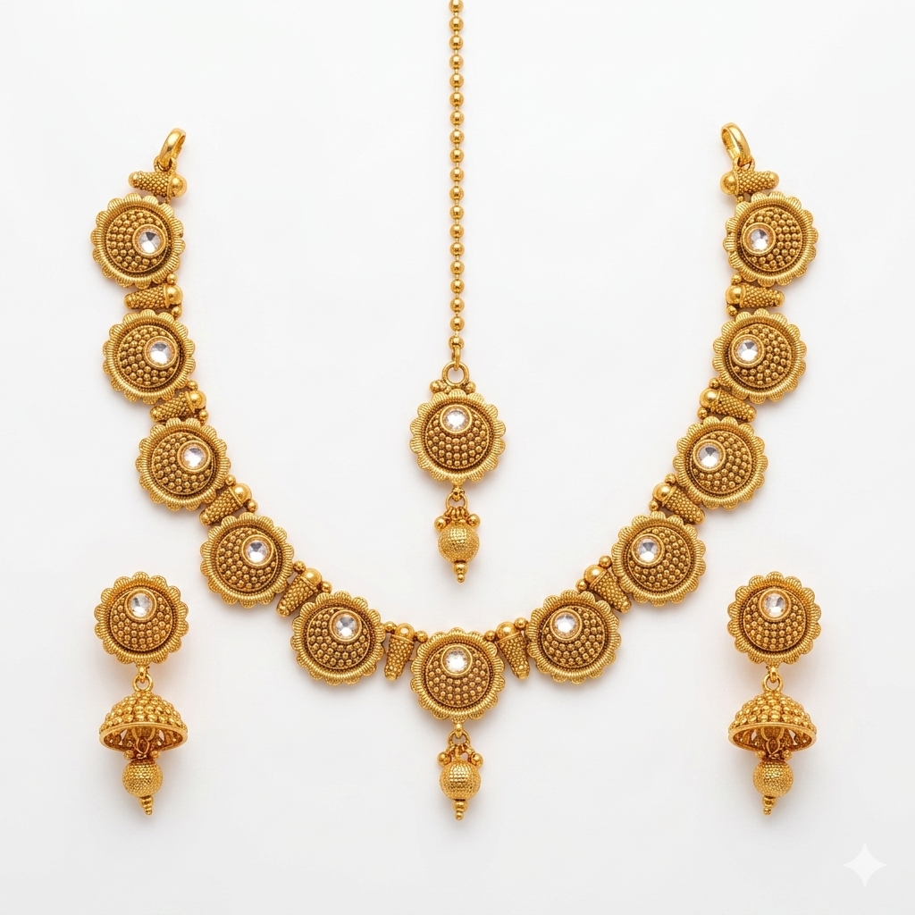 Kundan Floral Disc Necklace, Jhumka & Maang Tikka Set