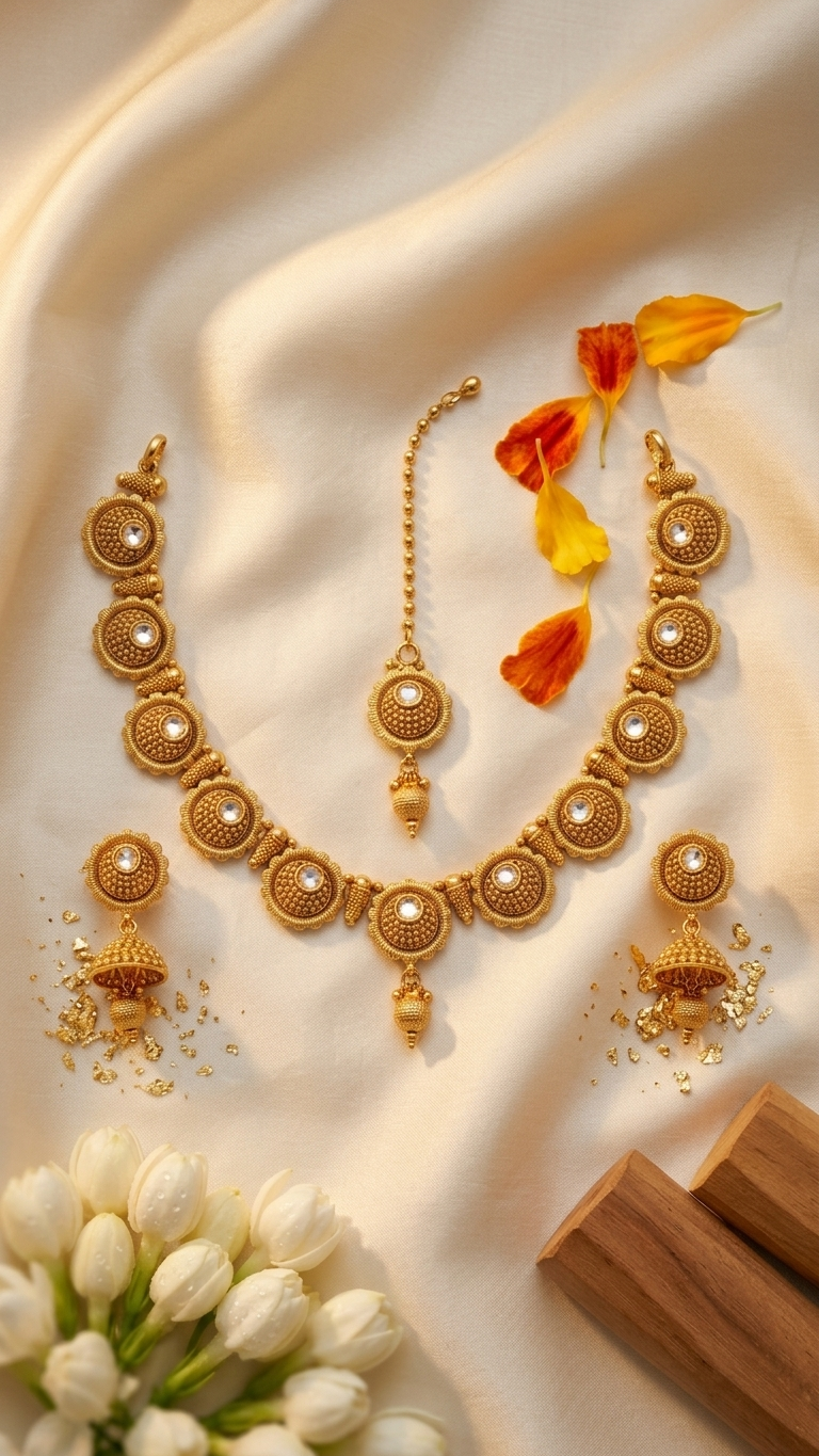 Kundan Floral Disc Necklace, Jhumka & Maang Tikka Set