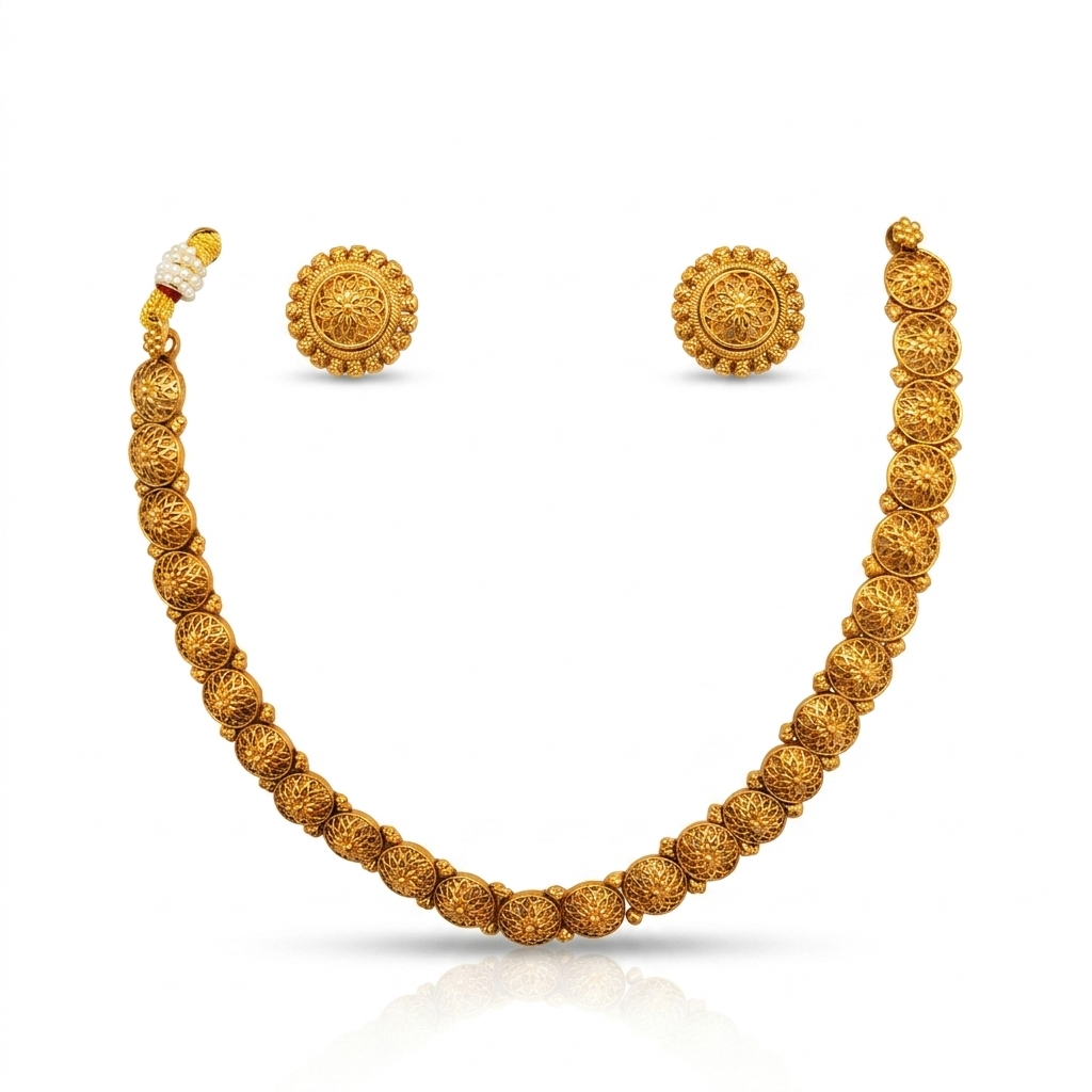 Gold Filigree Bead Ball Necklace & Floral Stud Earring Set