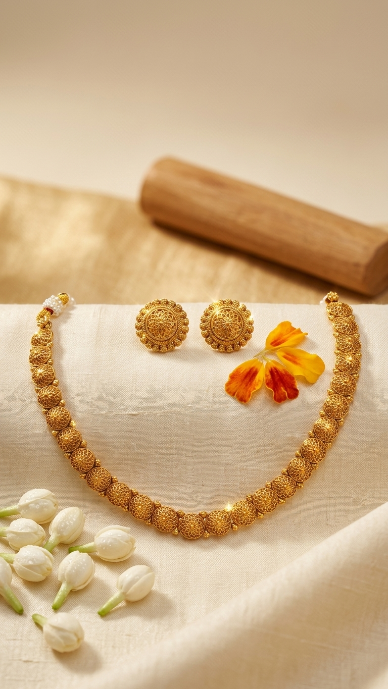 Gold Filigree Bead Ball Necklace & Floral Stud Earring Set