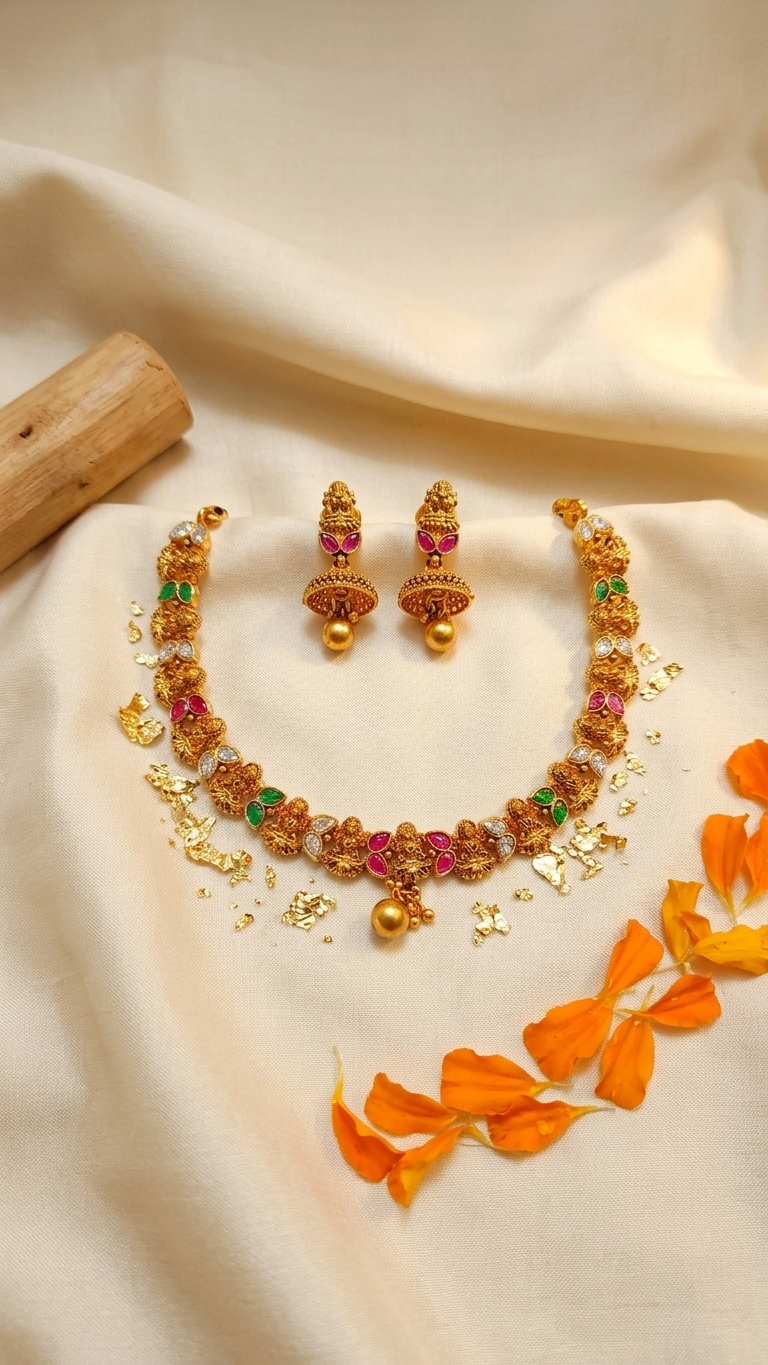 Temple Lakshmi Ruby Emerald Necklace & Jhumka Earring Set