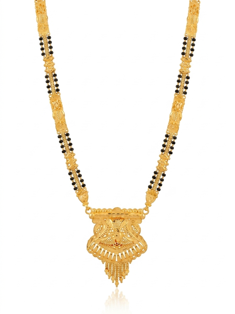 Gold Floral Pendant & Black Bead Long Necklace