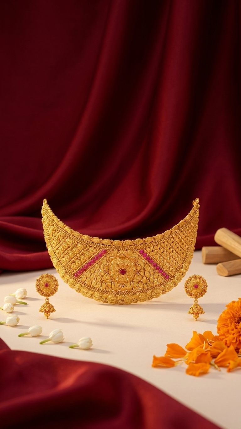 Bridal Crescent Ruby Band Choker Set